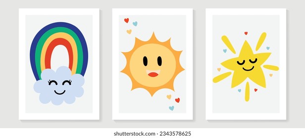 Kids wall art vector collection. Cute hand drawn design with cloud, star, rainbow, sun, heart. Wallpaper background design for kid room decoration, Nursery wall art, Baby and toy card and cover.