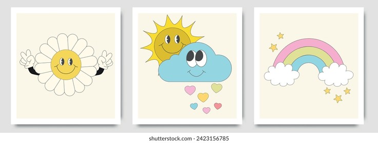 Colección vectorial de arte mural infantil. Diseño estirado a mano con Flor, nube, sol, corazón, arcoiris. Diseño de fondo de papel tapiz para la decoración de habitaciones para niños, arte de pared de Nursery, tarjeta de bebé y juguete y cubierta. 