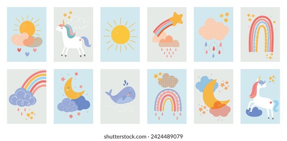 kids wall arts collection. Baby and child poster collection. Cute hand drawn doodle vector set.