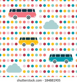 Kids wall paper design. Retro bus concept. Colored vector background.