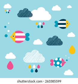 Kids Wall Paper Pattern. Colored Fishes And Clouds.