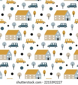 Kids wallpaper with cars in scandinavian style. Transport on white background for children's seamless pattern. Cartoon vehicles, village houses, trees. Landscape of cute town. Sweet nursery wallpaper.