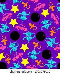 Kids wallpaper design made up of blue robots, pink cars, and bowling balls with orange accents and purple backgrounds.
