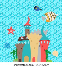 Kids wallpaper design with sea castle and waves pattern. Vector illustration