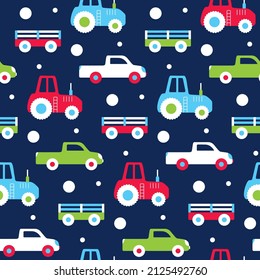 Kids wallpapers with cars. Tractor, truck, trailer on dark blue background. Seamless pattern for children's colored fabric, baby textiles, nursery design. Farm vehicle side view. Illustration for boy.