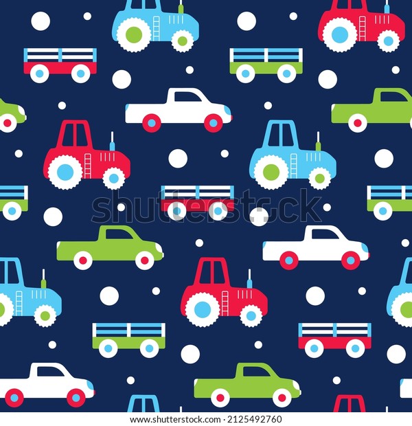 Kids wallpapers with cars. Tractor, truck, trailer\
on dark blue background. Seamless pattern for children\'s colored\
fabric, baby textiles, nursery design. Farm vehicle side view.\
Illustration for boy.