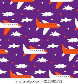 Kids wallpapers with hand-drawn planes. Airplane print for baby fabrics, textiles, nursery products design. Cute orange and white air transport on purple background. Flat vector illustration by hand.