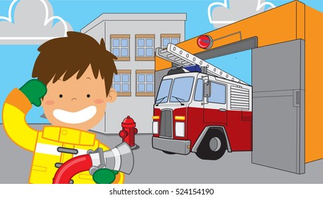 Kids want to be Fire Fighter profession with fireman truck as background cartoon vector stock