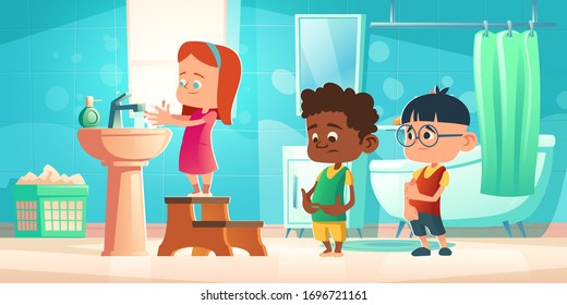 Kids wash hands in bathroom. Children personal hygiene concept. Vector cartoon illustration with girl standing on steps and washing hands with soap and boys waiting in line