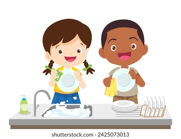 Kids washing dishes. Siblings washing dishes together happy cute little boy and girl washing dish together