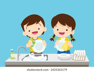 Kids washing dishes. Siblings washing dishes together happy cute little boy and girl washing dish together