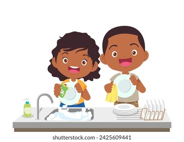 Kids washing dishes. Siblings washing dishes together happy cute little boy and girl washing dish together