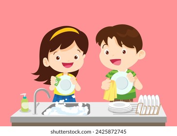 Kids washing dishes. Siblings washing dishes together happy cute little boy and girl washing dish together