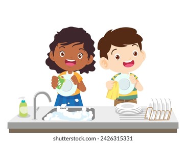 Kids washing dishes. Siblings washing dishes together happy cute little boy and girl washing dish together