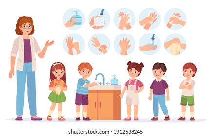 Kids washing hands. Cartoon children at school use soap to skin in bathroom. Prevent virus and infection concept. Hygiene vector infographic. Boys and girls in queue with teacher, health care