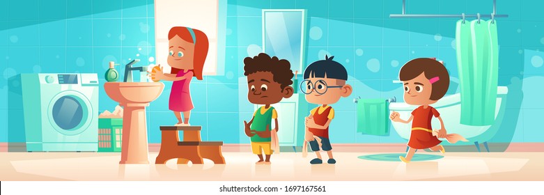 Kids Washing Hands, Children In Queue At Home Bathroom Waiting Handwashing Procedure. Little Girl Standing On Wooden Pedestal Lather Palms With Soap, Boys Wait In Line. Cartoon Vector Illustration