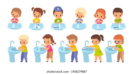 Kids washing hands. Girls and boys observe personal hygiene, disinfect arms with antibacterial soap bars and gels, children and sink front and side view, health care vector cartoon set