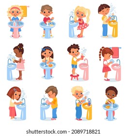 Kids washing hands. Happy children observe hygiene, boys and girl stand at sinks, soaped and disinfected hands, virus protection. Hygiene rules, vector cartoon flat