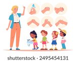 Kids washing hands. Teacher teaching children wash hand with soap in school faucet sink bathroom, hygiene handwash education cartoon boy and girl child, classy vector illustration authors graphics