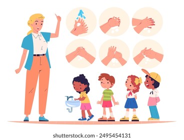 Kids washing hands. Teacher teaching children wash hand with soap in school faucet sink bathroom, hygiene handwash education cartoon boy and girl child, classy vector illustration authors graphics