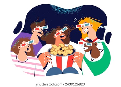 Kids watch movie with 3d glasses and eat popcorn during movie showing premiere of cartoon or children series. Little boys and girls watching watching movie with 3d effects and laughing