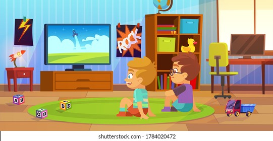 Kinder sehen fern. Kinderinnenraum, Kinderjugendwohnung, Jungen, die mit Freunden auf dem Teppich sitzen und Cartoons im Schlafzimmer anschauen, Spielzeugspielzimmer, Hausmöbel, Flachkartografik, Vektorgrafik