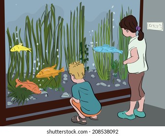 kids watching aquarium at museum - realistic illustration