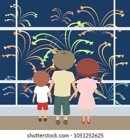 Kids Watching Fireworks Through The Window, Vector Cartoon Illustration In Flat Style