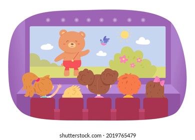 Kids watching movie on screen at cinema. Little boys and girls watch animation film in theater, sitting on seats in row vector illustration. Leisure and entertainment in childhood.