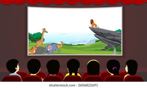 Kids watching movie theater Vector Design, Cartoon Children Sitting, back view, theater chairs,  illustration