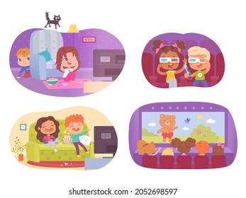 Kids watching movies at home and at cinema set. Little boys and girls watch film on television or theatre screen vector illustration. Leisure and entertainment in childhood.