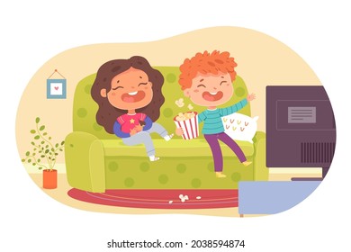 Kids watching movies on tv at home. Little boy and girl watch film on television, sitting on couch and laughing vector illustration. Leisure and entertainment in childhood.