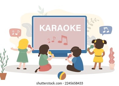 Kids watching on screen and sing songs. Group of kids uses microphones and sing karaoke. Multiethnic kids - musician and vocalist. Talent children, karaoke party. Flat vector illustration