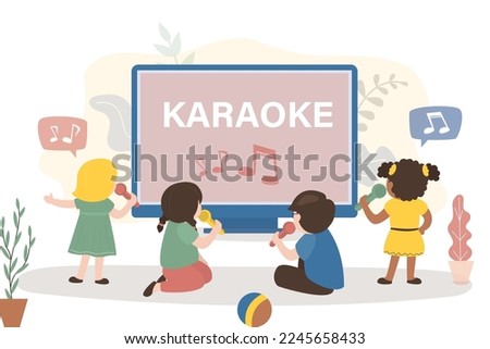 Kids watching on screen and sing songs. Group of kids uses microphones and sing karaoke. Multiethnic kids - musician and vocalist. Talent children, karaoke party. Flat vector illustration