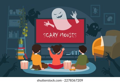 Kinder schauen gruselige Filme an. Jungen und Mädchen sitzen mit Popcorn vor dem Bildschirm. Horrorfilm oder Serienfilm. Am Abend verbringen Freunde ihre Zeit mit Unterhaltung. Cartoon-Flavektor-Vektorgrafik