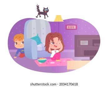Kids watching scary movie tv at home  Little boy   girl watch film television  sitting floor scared   hiding vector illustration  Leisure   entertainment in childhood 