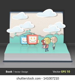 Kids watching TV on book. Vector design.