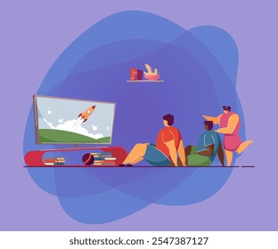 Kids watching TV with rocket on screen. Boys sitting on floor watching program on television, girl standing near and pointing. Child leisure, activity, home entertainment for kids concept