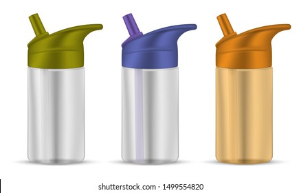 Kids Water Bottle With Straw Lid Set. Small Cup With Spout Isolated On White Background. Transparent Color Container For Baby Drinking, Template. Realistic Vector Illustration. Easy To Recolor.