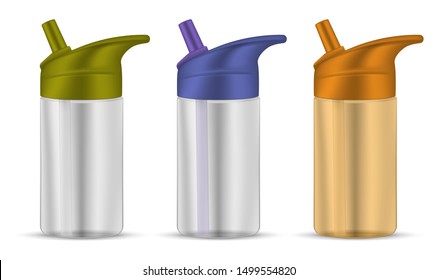 Kids water bottle with straw lid set. Small cup with spout isolated on white background. Transparent color container for baby drinking, template. Realistic vector illustration. Easy to recolor.