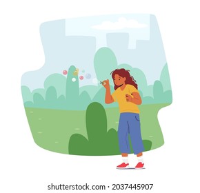 Kids Water Game on Summer Vacation or Holidays. Little Girl Blow Soap Bubbles in City Park. Child Playing on Street, Character Fun, Baby Blowing Bubbles at Sunny Day. Cartoon Vector Illustration