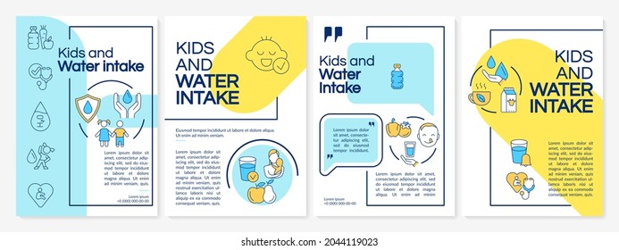 Kids and water intake blue, yellow brochure template. Flyer, booklet, leaflet print, cover design with linear icons. Vector layouts for presentation, annual reports, advertisement pages