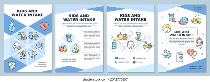 Kids and water intake brochure template. Water amount for children. Flyer, booklet, leaflet print, cover design with linear icons. Vector layouts for presentation, annual reports, advertisement pages