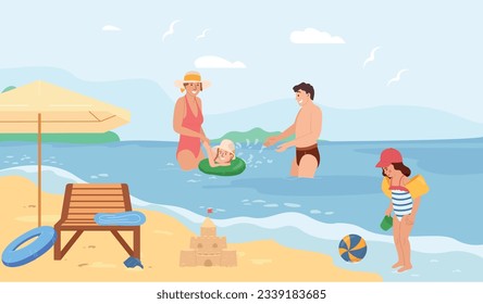 Kids water safety flat composition with sandy beach outdoor background parents and children bathing in sea vector illustration