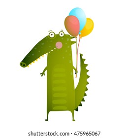 Kids Watercolor Style Crocodile with Balloons Colorful Cartoon. Happy fun watercolor style animal congratulation for children cartoon illustration. Vector drawing.