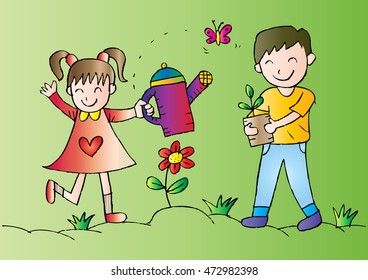  Kids watering and planting plants in the garden. 
