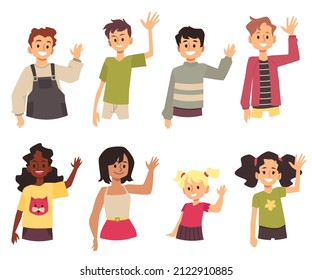 Kids wave their hands in sign of greeting. Set of different cartoon characters with welcoming gesture in flat vector illustration isolated on white. Boys, girls say hello to their friends or family.