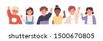 Kids waving hands flat vector illustrations set. Smiling little children in casual clothing greeting gesture. Cheerful elementary school students, kindergarten pupils cartoon characters hi.