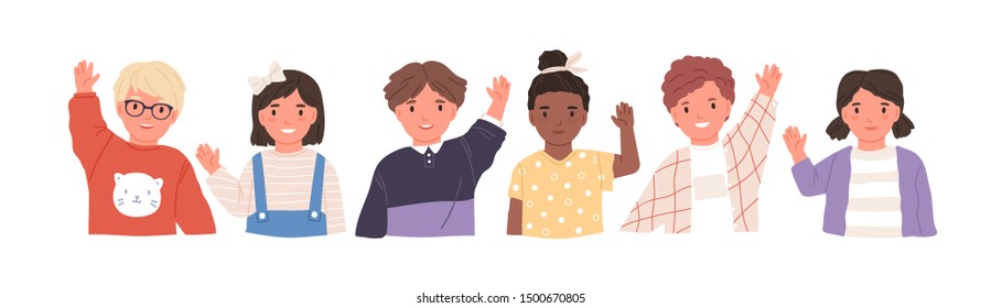 Kids waving hands flat vector illustrations set. Smiling little children in casual clothing greeting gesture. Cheerful elementary school students, kindergarten pupils cartoon characters hi.