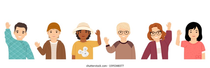 Kids waving hands flat vector illustrations set. Smiling little children in casual clothing greeting gesture. Cheerful elementary school students, kindergarten pupils cartoon characters hi.